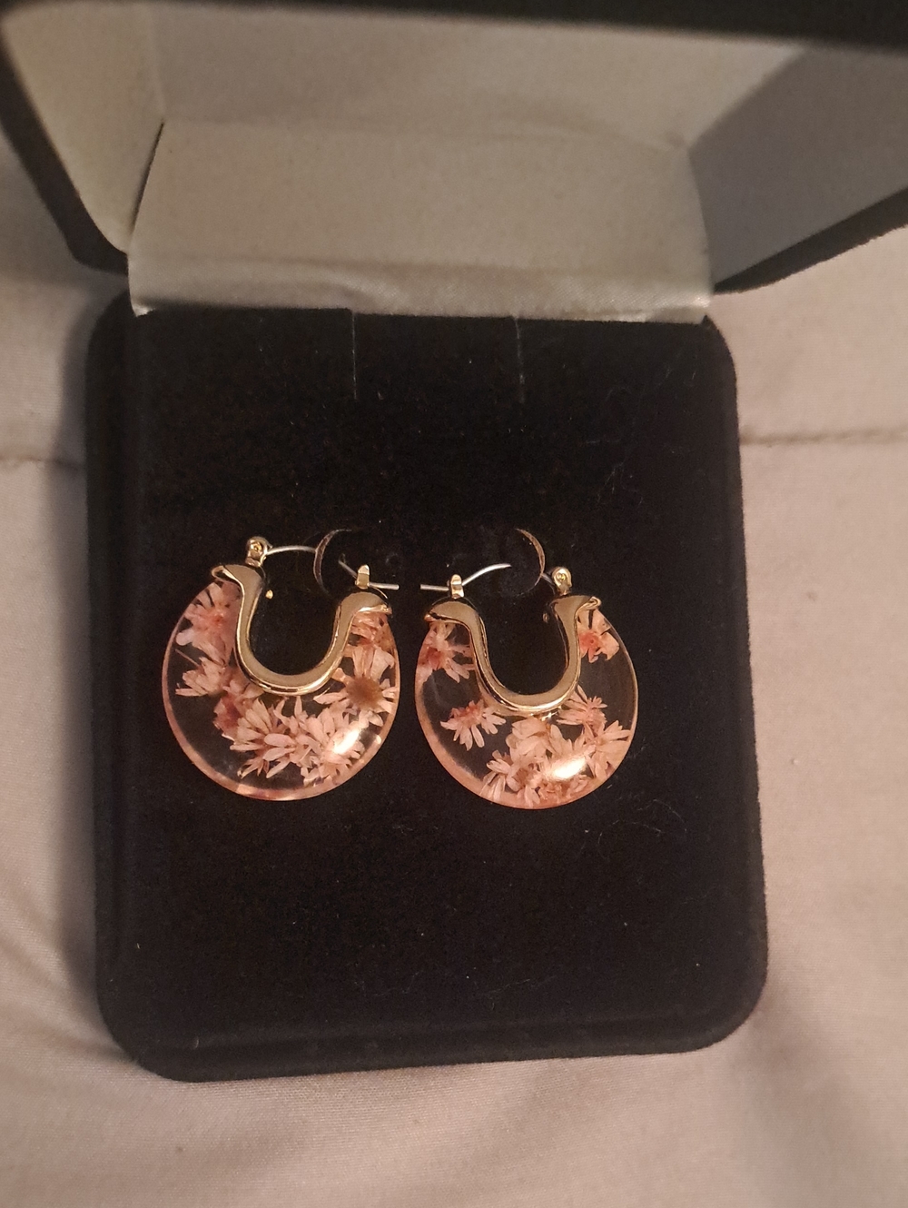 Floral Pink Resin Hoop Earrings with Gold Accents